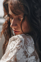 Load image into Gallery viewer, Fabric and face close-up of Vancouver bride wearing couture lace wedding dress.
