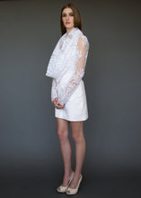 Load image into Gallery viewer, Model standing to the side, full length, wearing corded lace fashionable bolero.