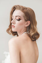 Load image into Gallery viewer, Halter top silk mini wedding dress in white that looks like feathers.
