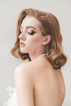 Load image into Gallery viewer, Halter top silk mini wedding dress in white that looks like feathers.