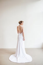 Load image into Gallery viewer, An open back corset crepe wedding dress with mermaid skirt