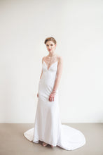 Load image into Gallery viewer, a mermaid crepe wedding dress with low back and V-neck front.