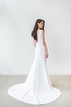 Load image into Gallery viewer, A unique backless minimalist wedding dress with long train handmade in Vancouver.
