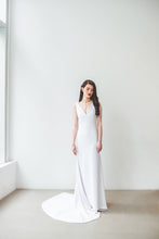 Load image into Gallery viewer, A boho chic wedding dress with sexy low V neckline, natural waist, and long train made in Vancouver.