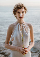 Load image into Gallery viewer, Drapey halter wedding dress close-up of bride with flowers in Vancouver.