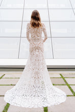 Load image into Gallery viewer, Vancouver wedding dress, back full view, with full skirt and bold lace pattern.