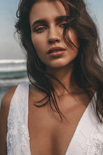 Load image into Gallery viewer, Portrait of Vancouver bride in white low-cut lace mermaid dress for modern brides.