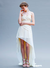 Load image into Gallery viewer, Hi Low Short Asymmetrical Ivory Chiffon Wedding Gown Handmade in Vancouver.