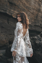 Load image into Gallery viewer, Back of Vancouver bride in low back lace wedding dress with hippie sleeves.
