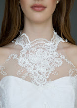 Load image into Gallery viewer, Detail shot of model&#39;s neck, wearing high neck Victorian style lace wedding dress.
