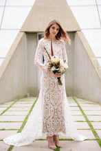 Load image into Gallery viewer, Bride posing with flowers wearing high neck lace wedding gown in Vancouver.
