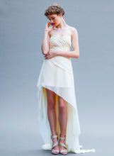 Load image into Gallery viewer, Hi Low Short Asymmetrical Ivory Chiffon Wedding Gown Handmade in Vancouver. 

